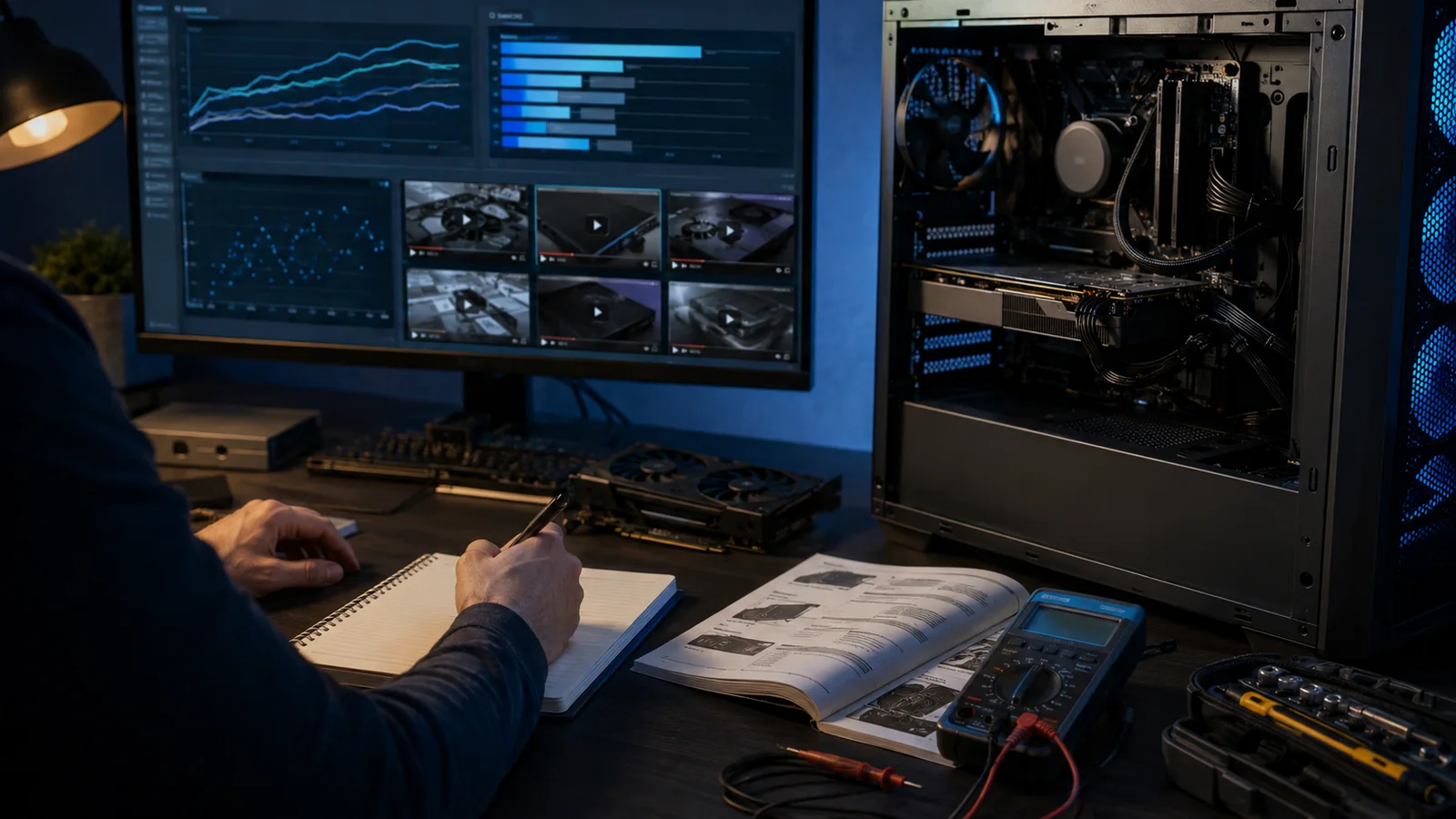 Usuario contrastando pruebas de hardware antes de elegir componentes