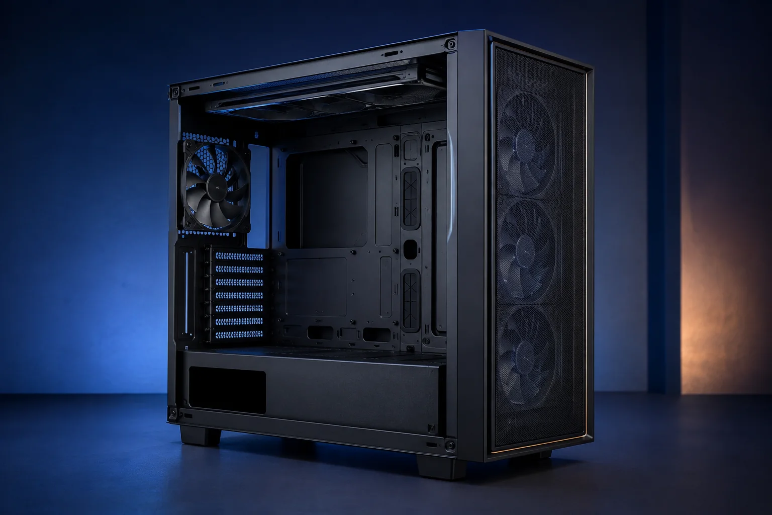 Chasis para PC abierto con frontal mallado y espacio para componentes