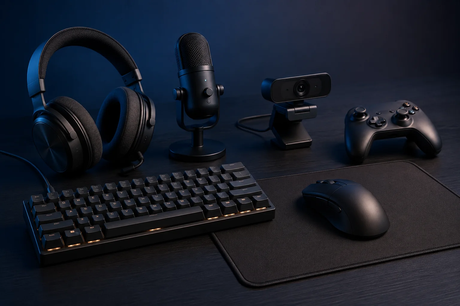 Teclado, ratón, auriculares, micrófono, webcam y gamepad para PC