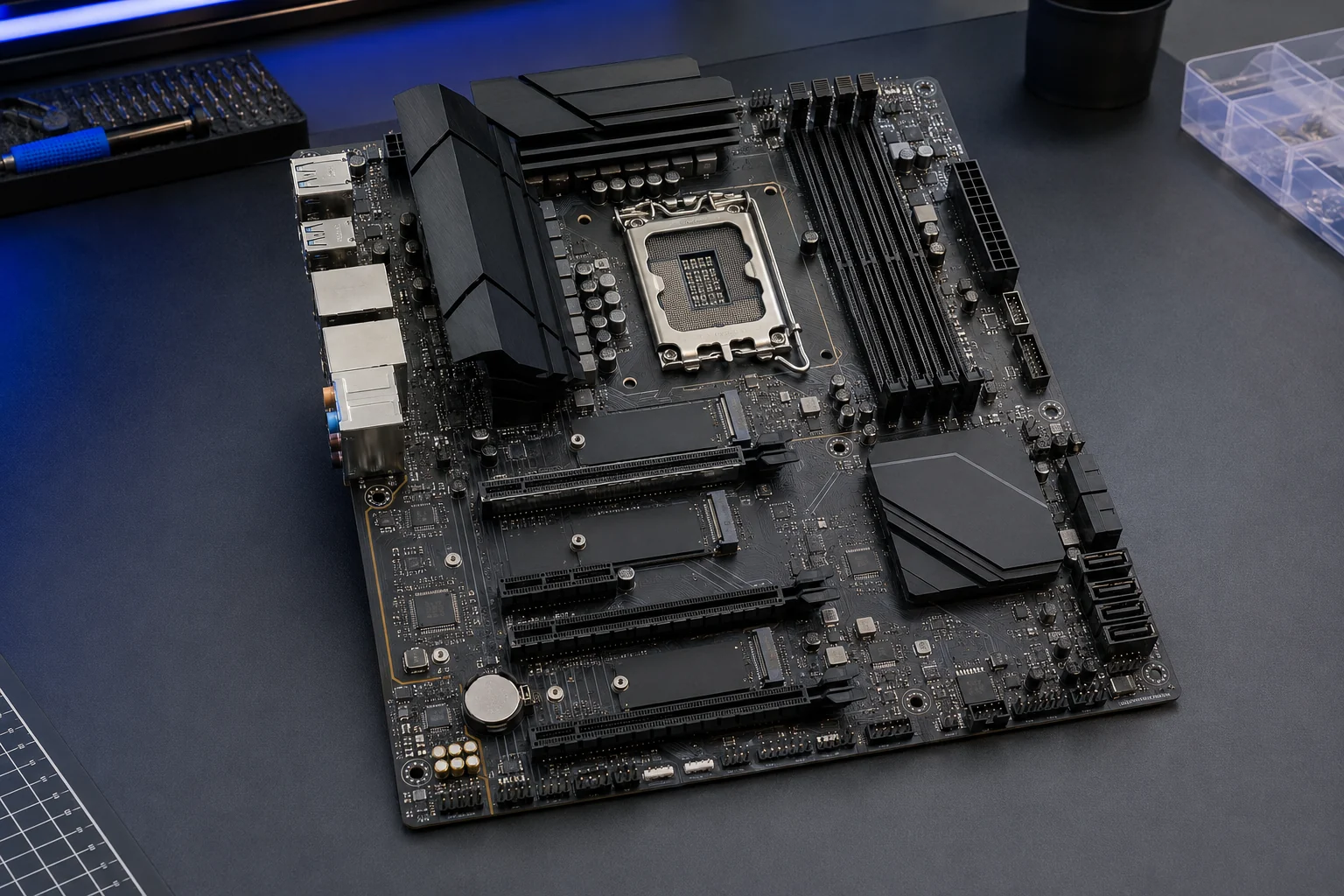 Placa base moderna con sus ranuras y conexiones visibles