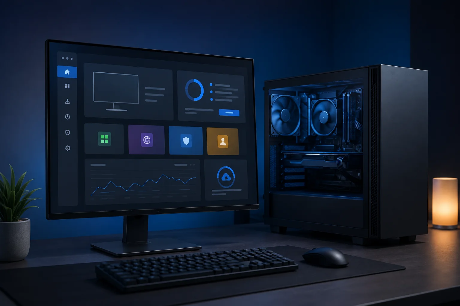 PC recién montado junto a una pantalla de configuración de software