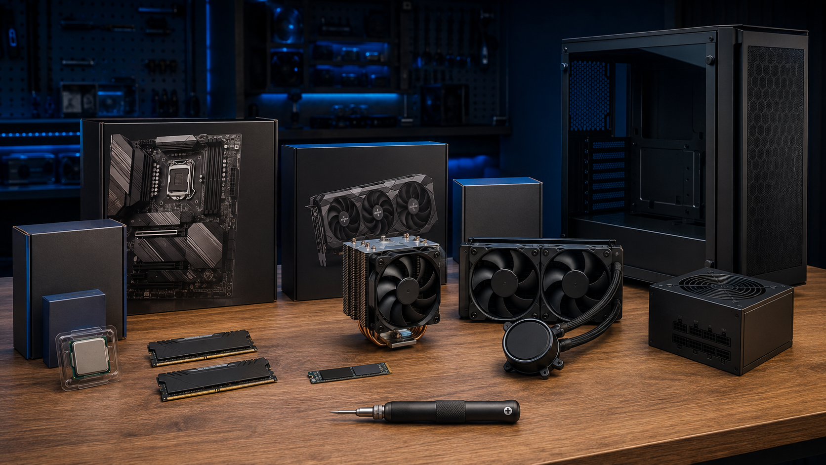 Componentes necesarios para montar un PC colocados sobre una mesa y junto a sus cajas