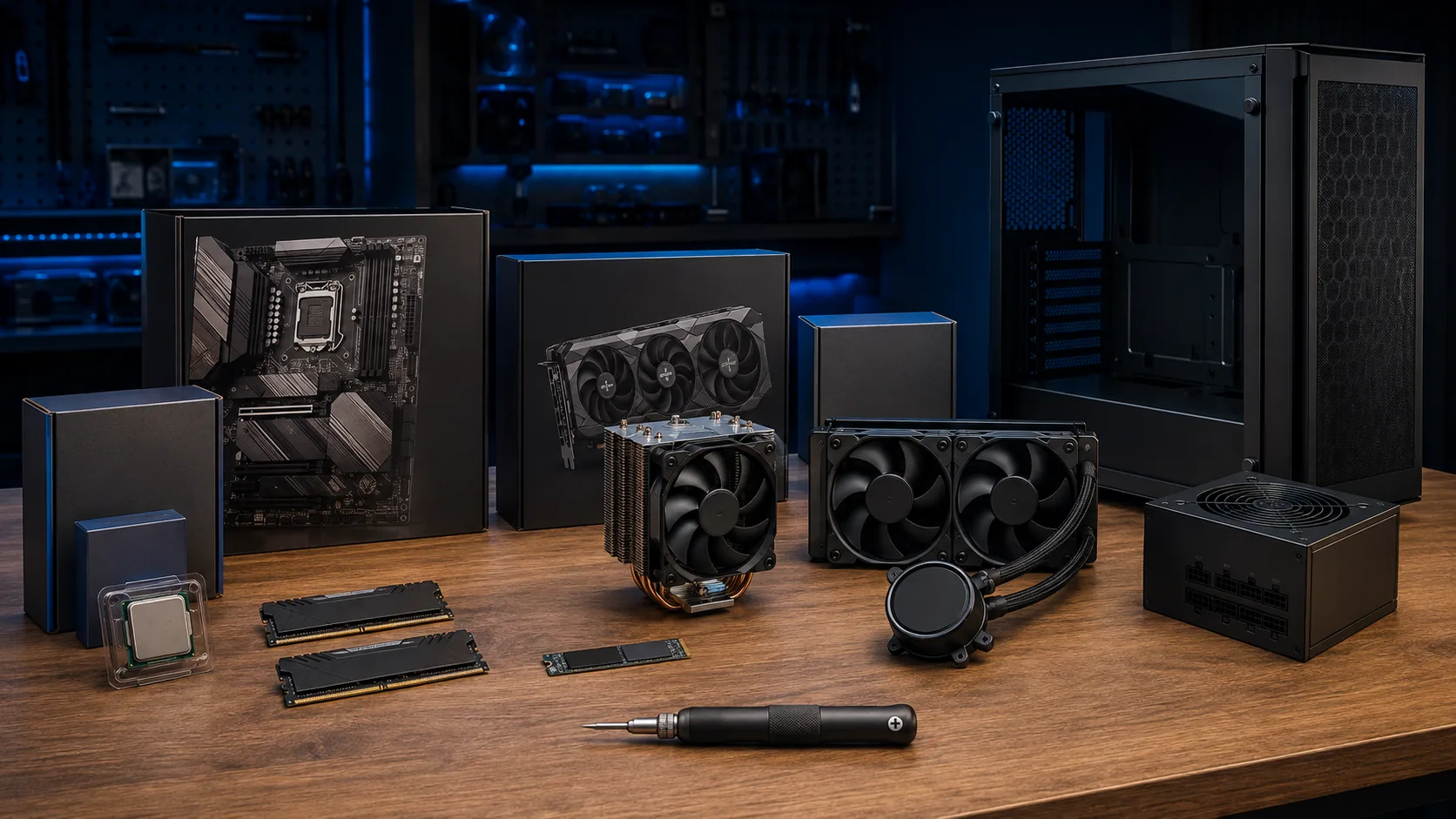 Componentes preparados sobre una mesa para montar un PC