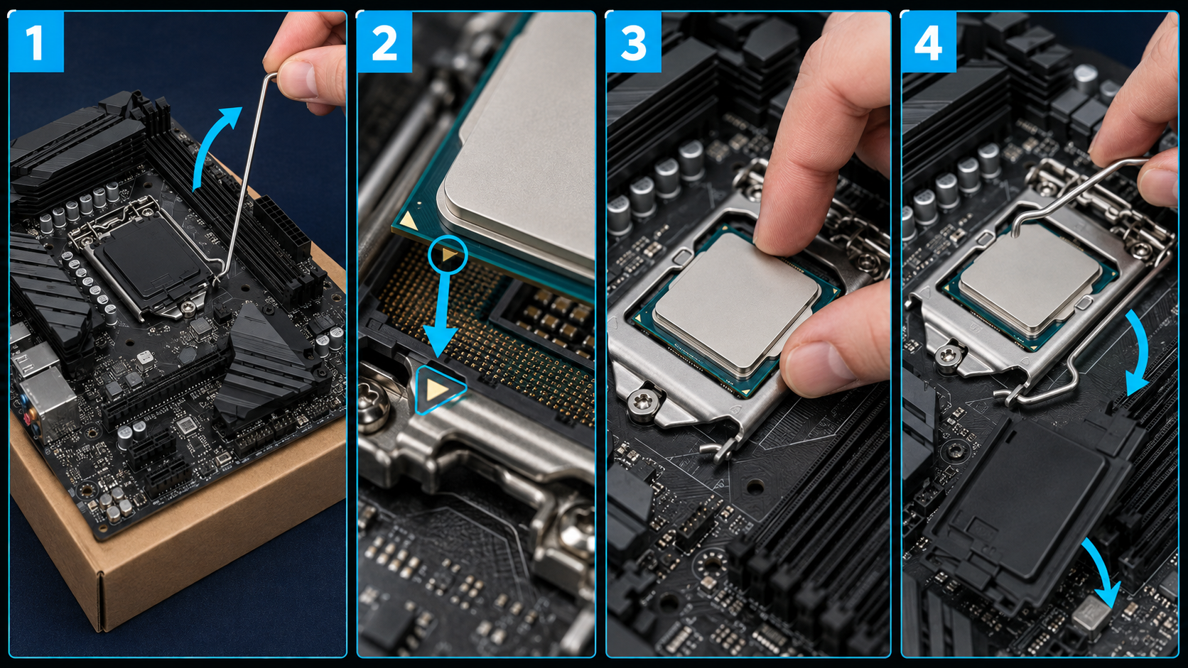 Secuencia en cuatro pasos para abrir el socket, alinear la CPU, colocarla y cerrar la palanca