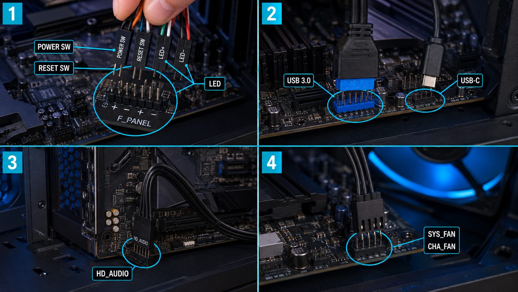 Conexión de F_PANEL, USB 3.0, USB-C, HD_AUDIO y ventiladores a la placa base