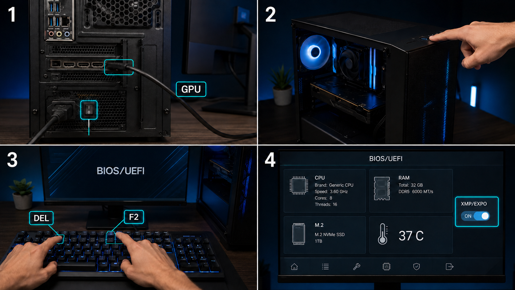 Conexión del monitor a la GPU, encendido del PC, acceso a BIOS y comprobación de componentes