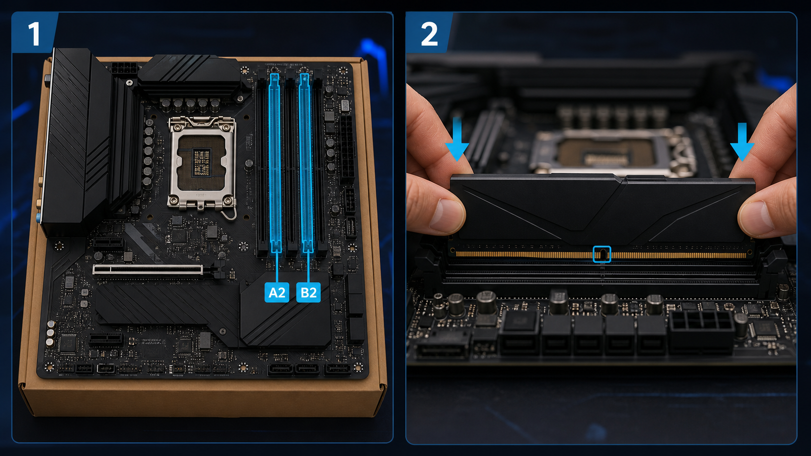Ranuras A2 y B2 destacadas e instalación correcta de un módulo de memoria RAM
