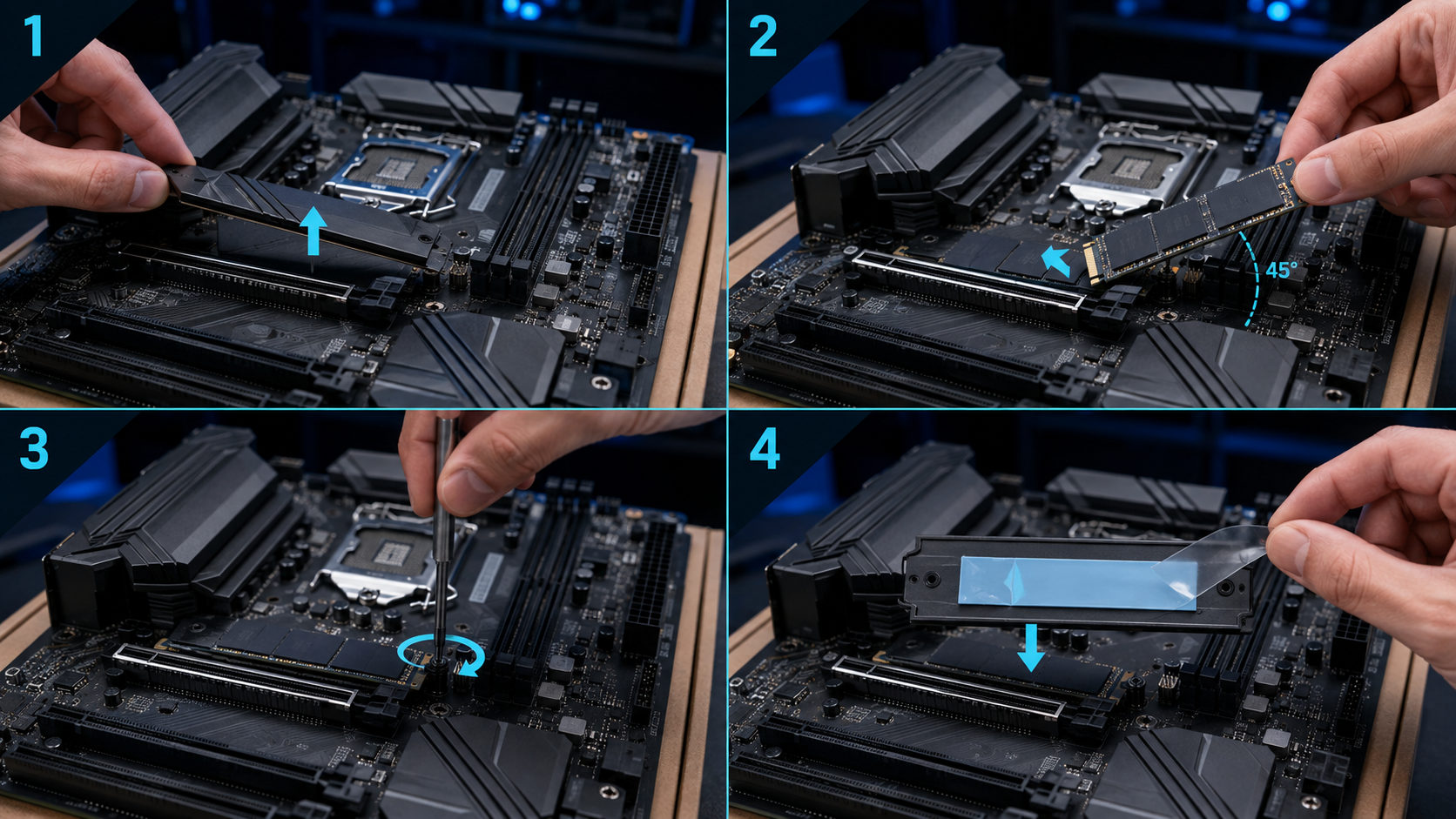 Secuencia para retirar el disipador, insertar el SSD M.2, fijarlo y volver a colocar el disipador